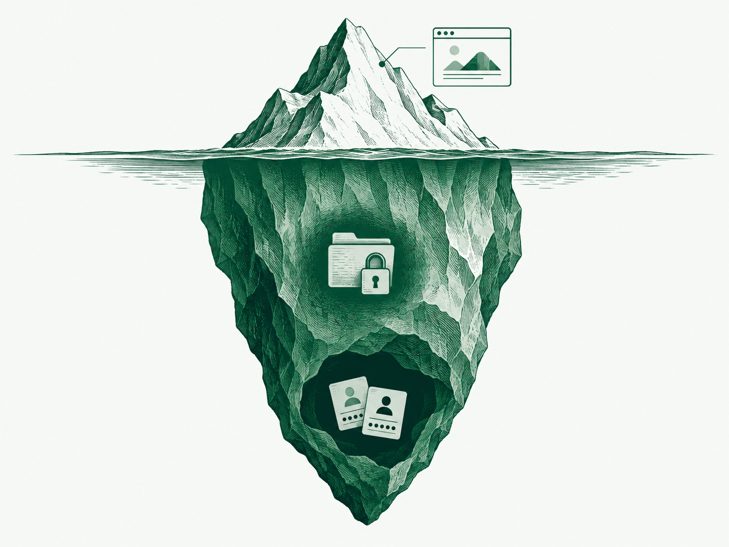 インターネットを氷山に例えたイラスト。水面上の公開サイト、水面下の非公開領域、その一部にあるダークウェブを表しています。